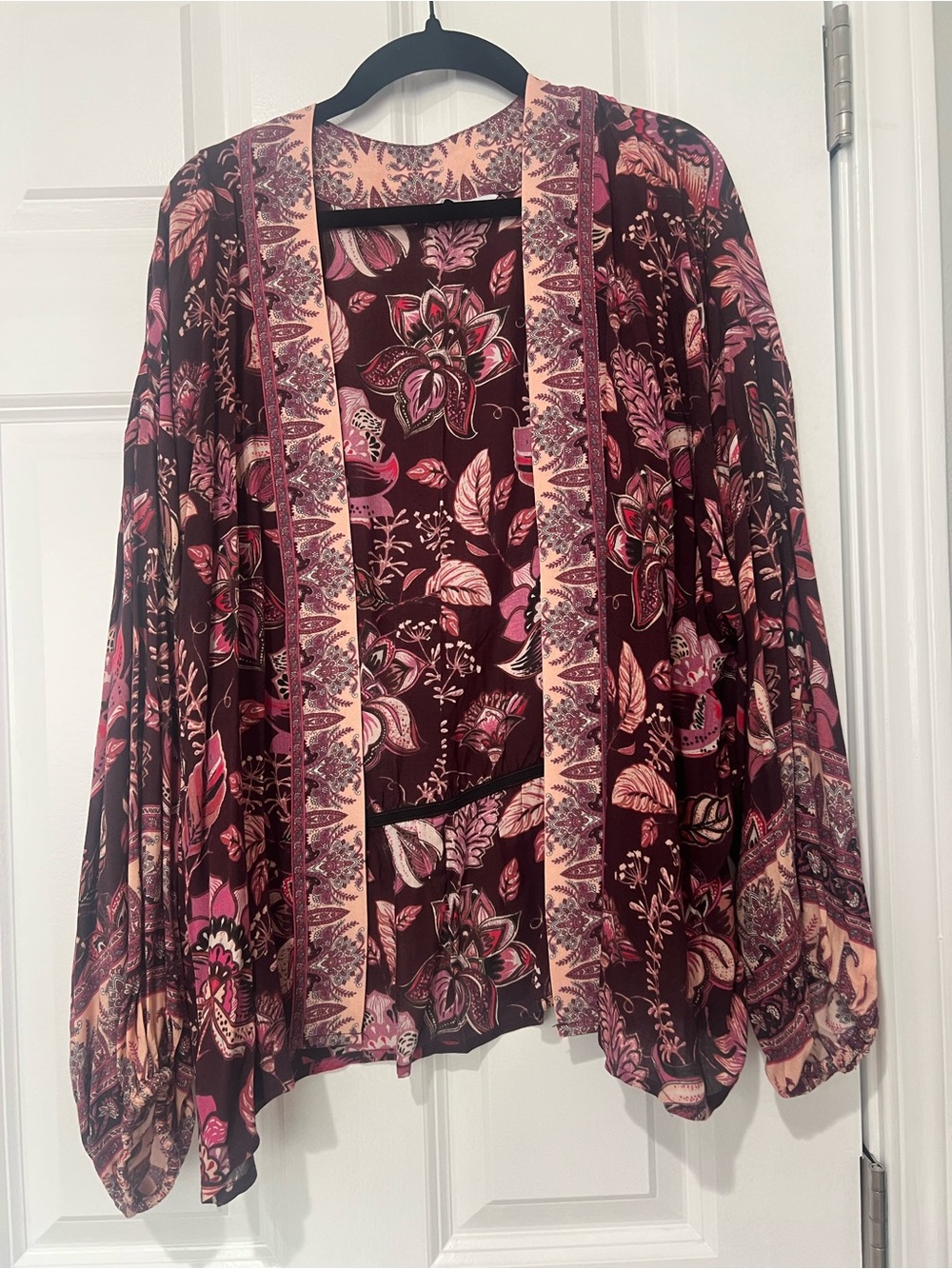 Michael Stars Floral Boho Open Front Kimono wrap in Burgundy One Size Fits